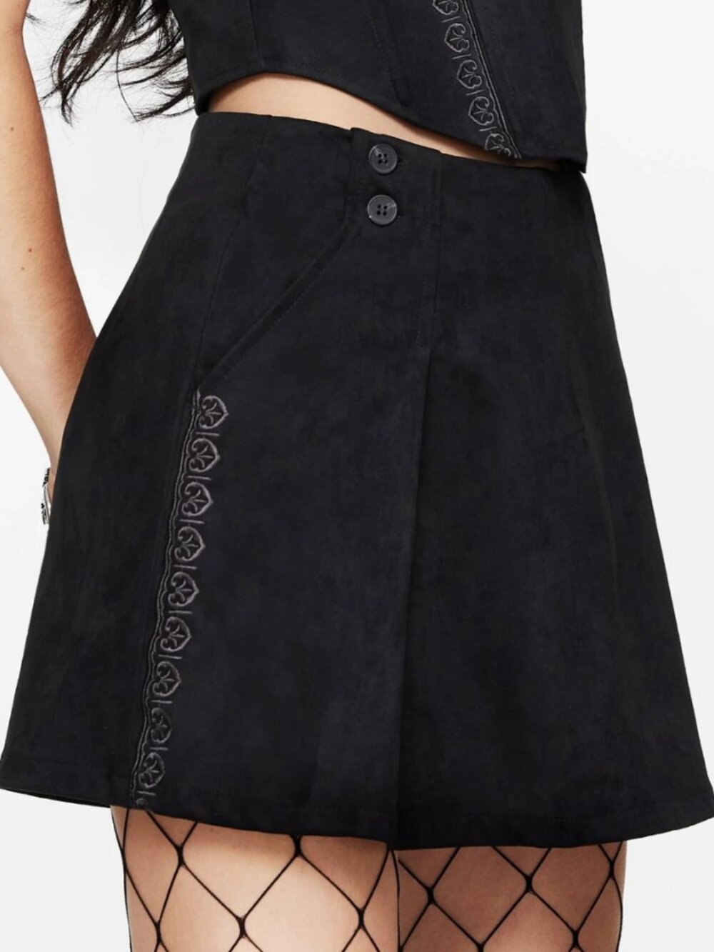 Disturbia Lauma Embroidered Faux Suede Skort